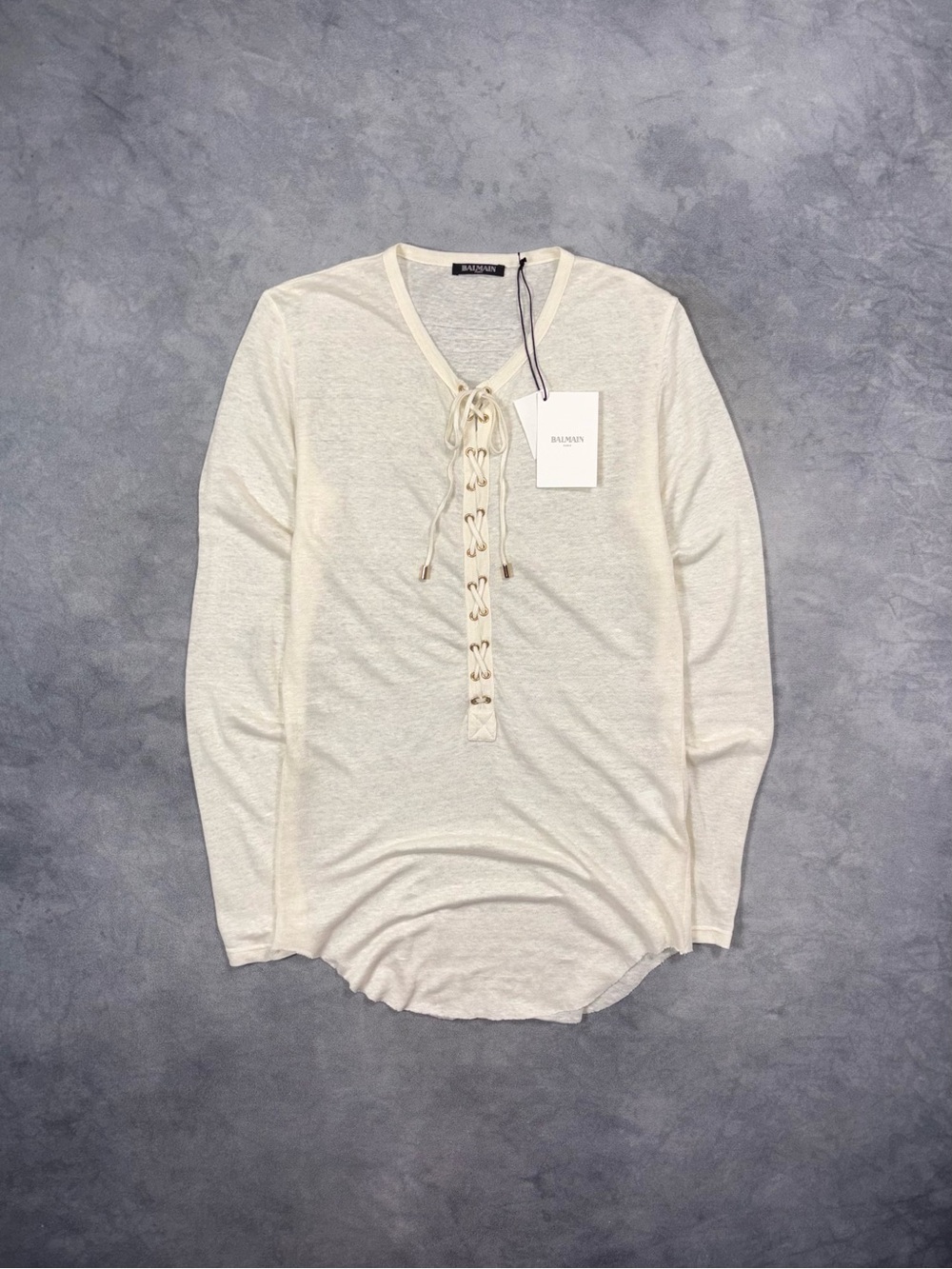 RARE Balmain SS16 Runway Ivory Lace Up Linen Long Sleeve Shirt RRP1000$+